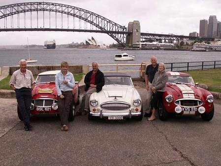 Three Austin Healey 3000s which have driven London to Sydney, with their drivers