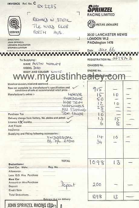 Invoice from John Sprinzel Racing Ltd for the Black & white Healey 3000