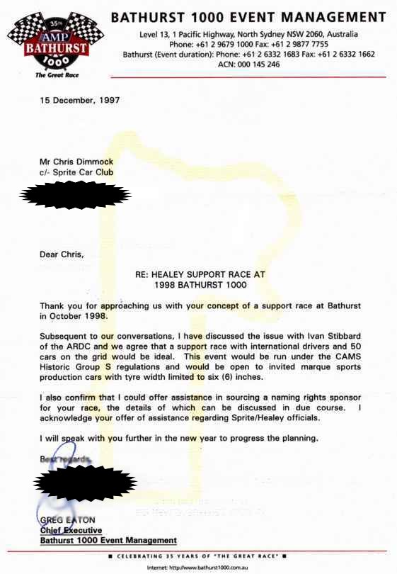Copy of the letter from Bathurst 1000 Event Management confirming that the Sprite Club had an All Healey race at Bathurst in 1998