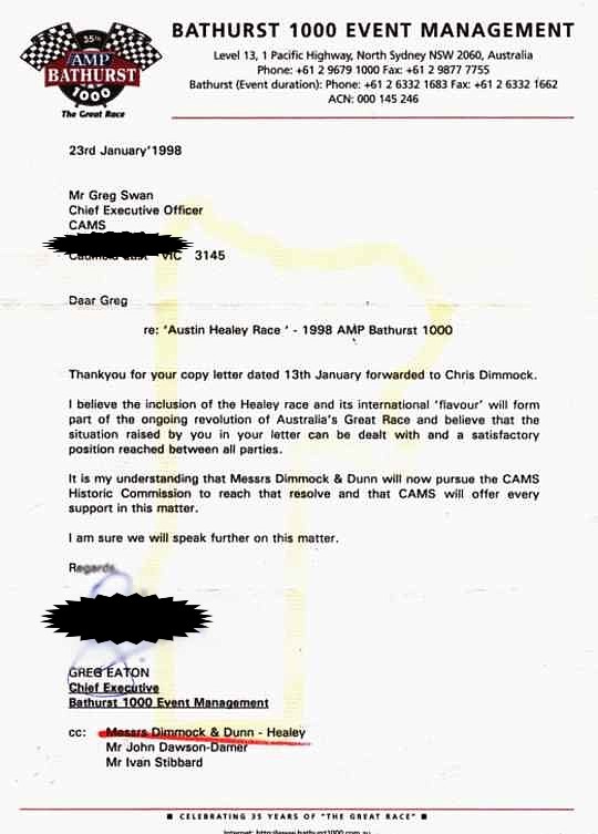 Copy of the letter from Bathurst 1000 Event Management lending further support to the All Healey race at Bathurst in 1998