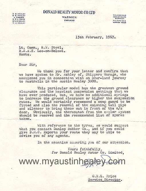 Donald Healey Motor Company letter from Geoff Price