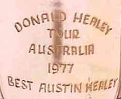 Donald Healey Tour 1977 'Best Austin Healey' Trophy inscription