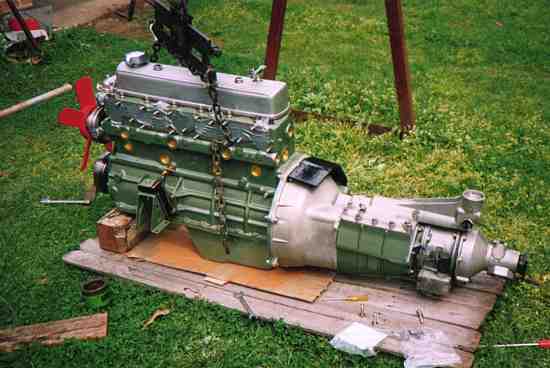 The Molloy prepared Austin Healey 3000 engine & SCCR gearbox/overdrive ready to go back into the black & white car.