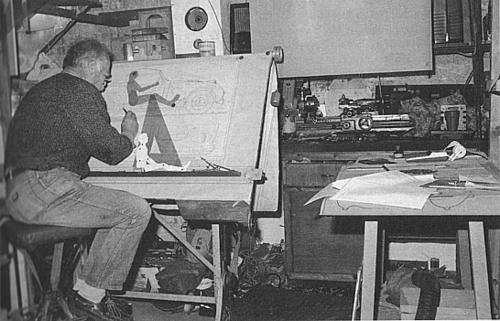Geoff Healey at the original Donald Healey Motor Company drawing board.
